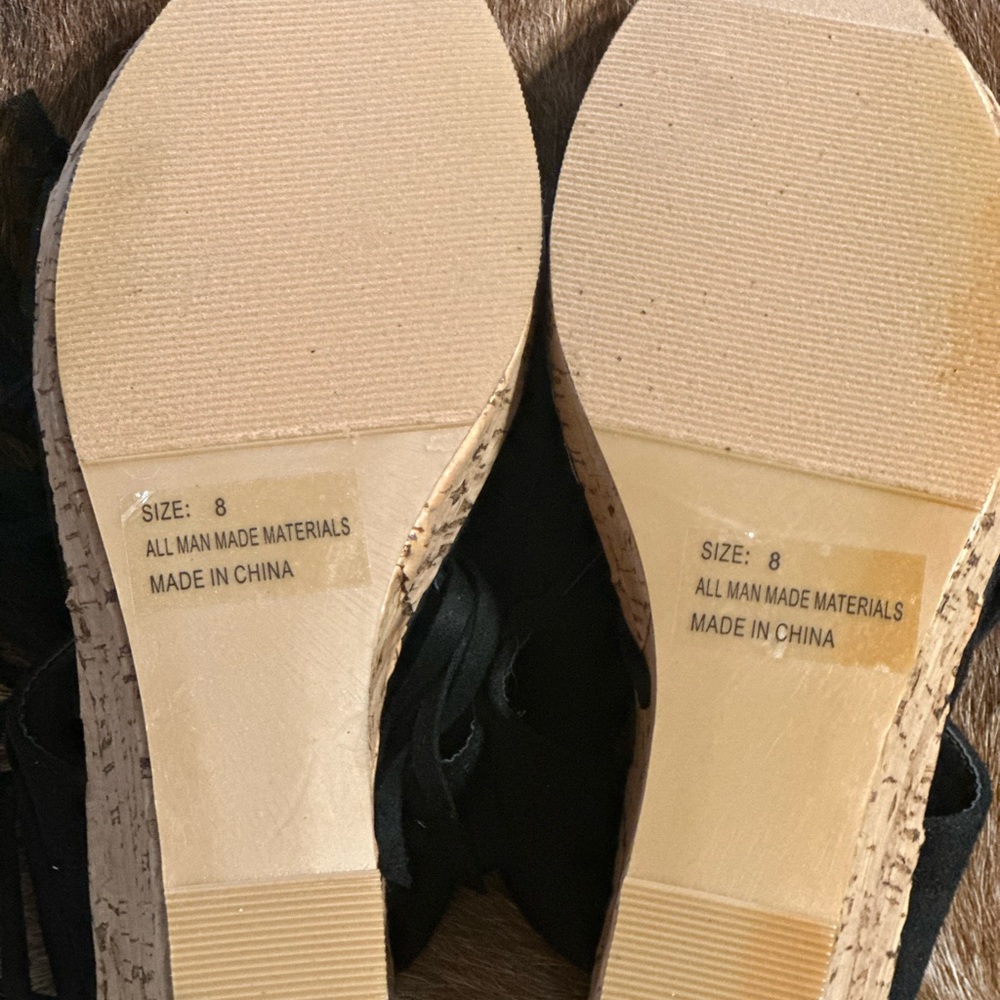 Black Fringe Cork Wedge Sandals - Picture 5 of 5